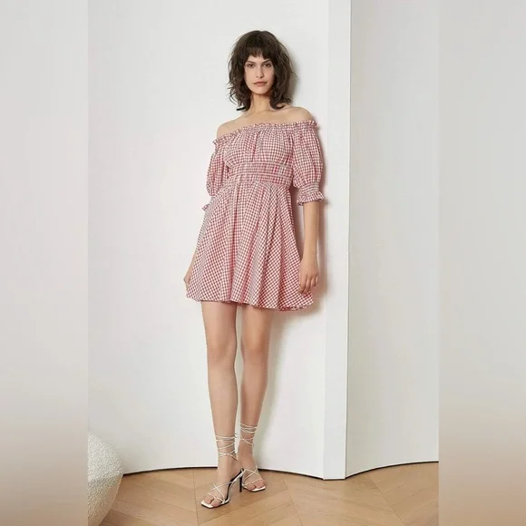 J.ING Red Plaid Off Shoulder Mini Dress Size XS NWT - Picture 2 of 14